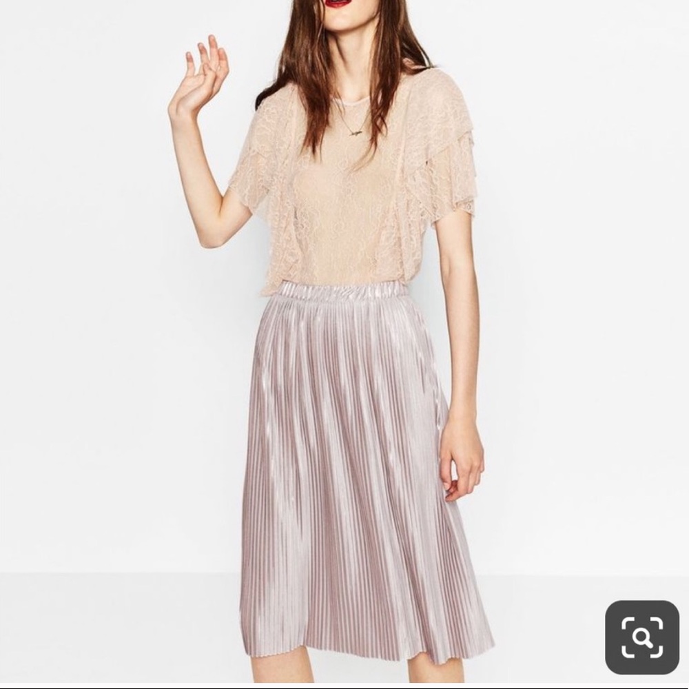 Zara pleated midi skirt metallic silver champagne